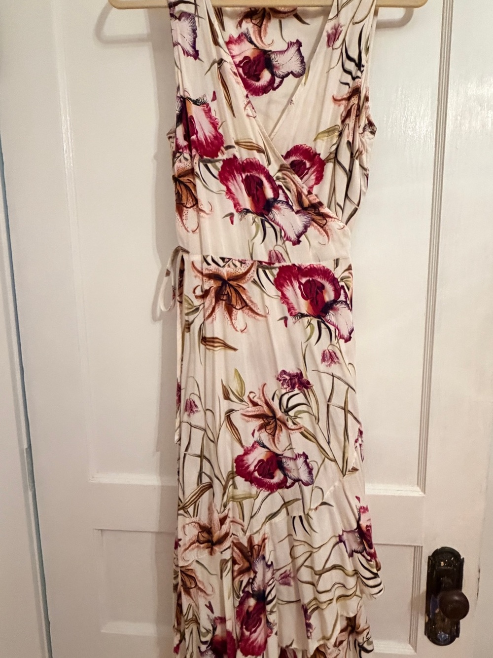Cream Floral Wrap Maxi Dress with Pink Accent
